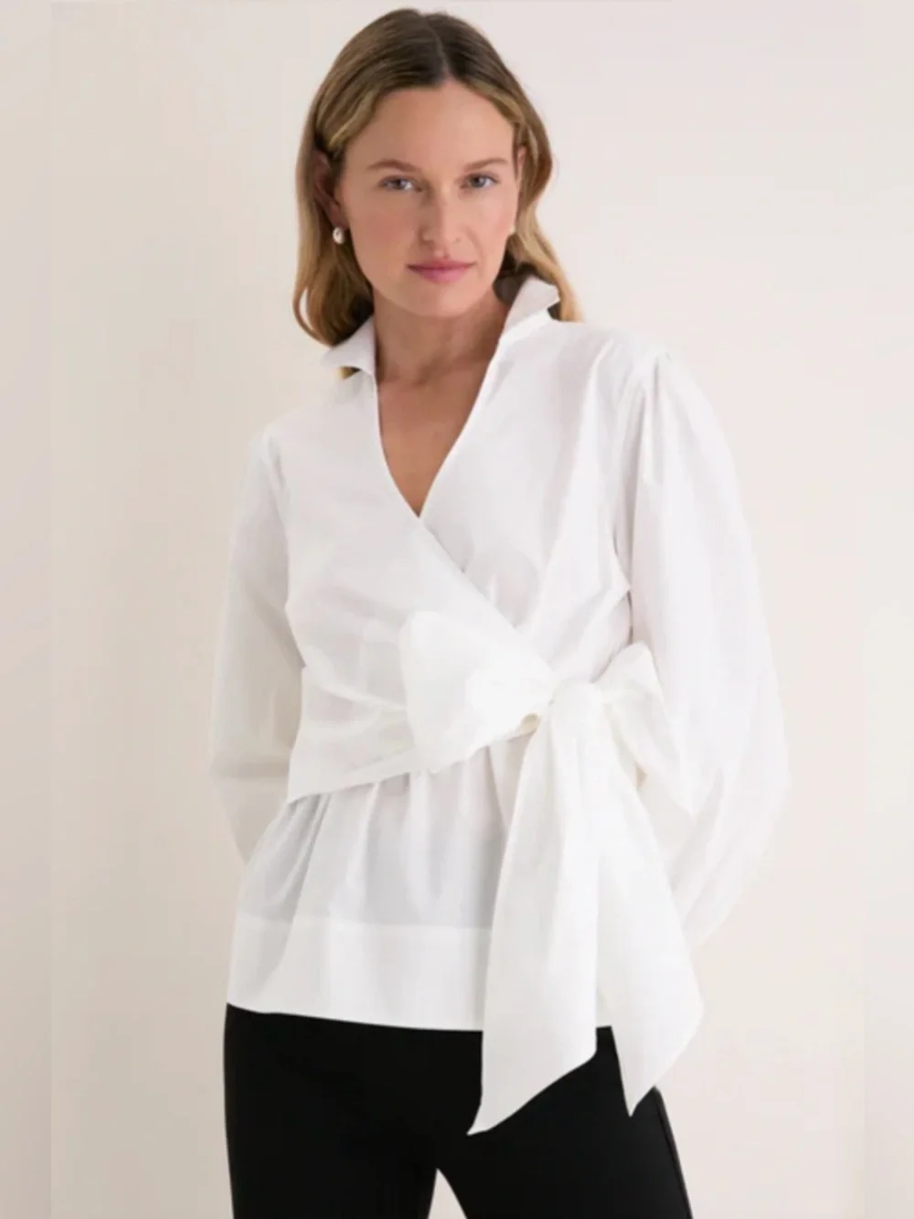Tuckernuck Tie Front Bow Bea Blouse Wrap Waist Poplin Puff Sleeves- Women Size:M